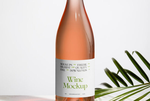 A wine bottle mockup, with a paper label, is placed on the table, seen from the front.