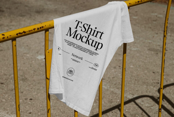White T-shirt hanging on yellow metal fence.