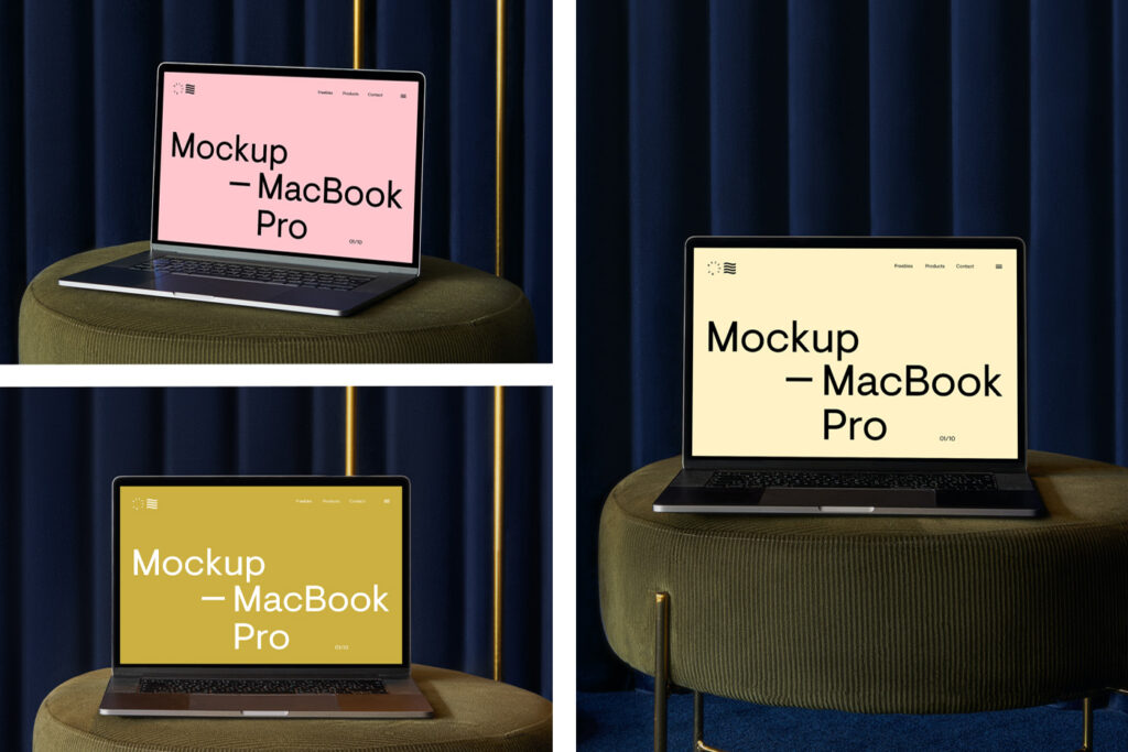 Three Apple MacBook Pro Scenes Mockup laying on the green sofa.