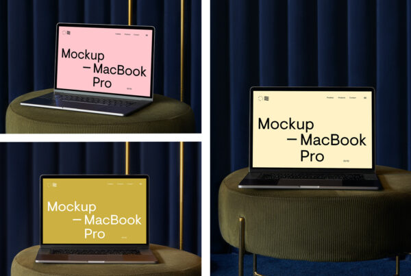 Three Apple MacBook Pro Scenes Mockup laying on the green sofa.