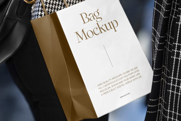 Elegant woman with paper shopping bag mockup, walking on the street.