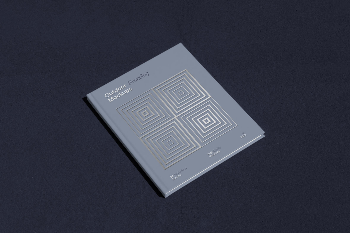 Book with deboss op-art project from outdoor branding mockups.