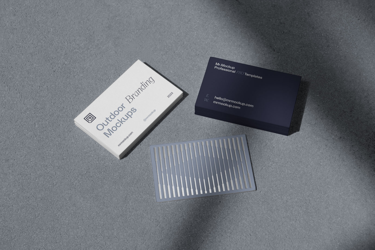 Theree business cards with typography and op-art project from outdoor branding mockups.