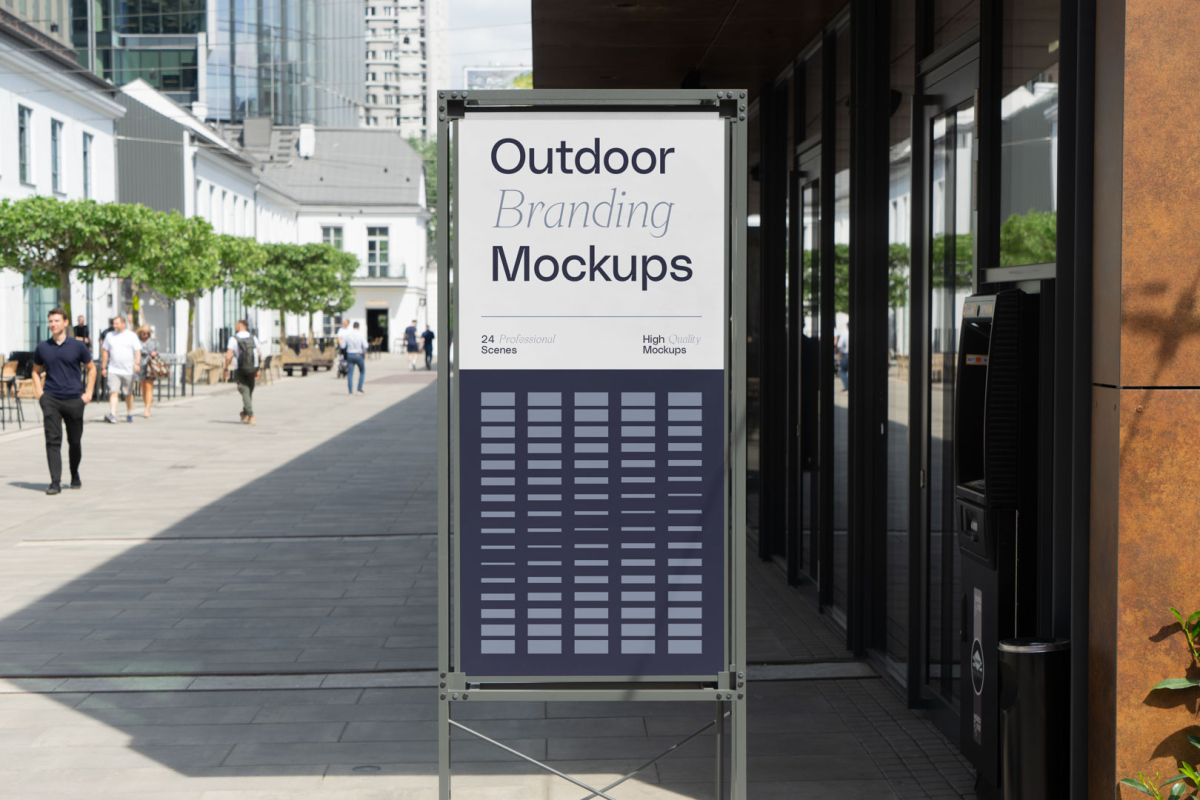 Outdoor branding scene with a stand with a metal frame.