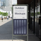 Outdoor branding scene with a stand with a metal frame.