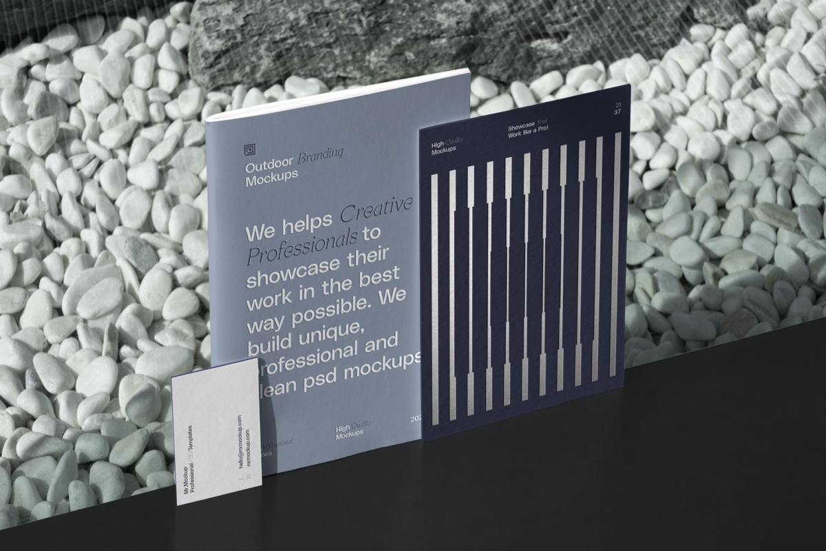 Outdoor branding mockups scene with notebook, business card, and card.