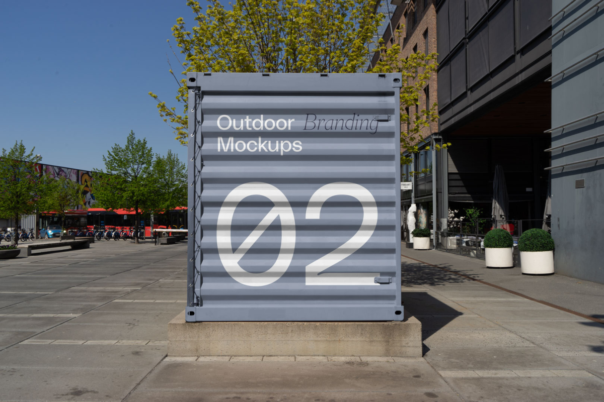 Blue container on the street made with outdoor branding mockups.