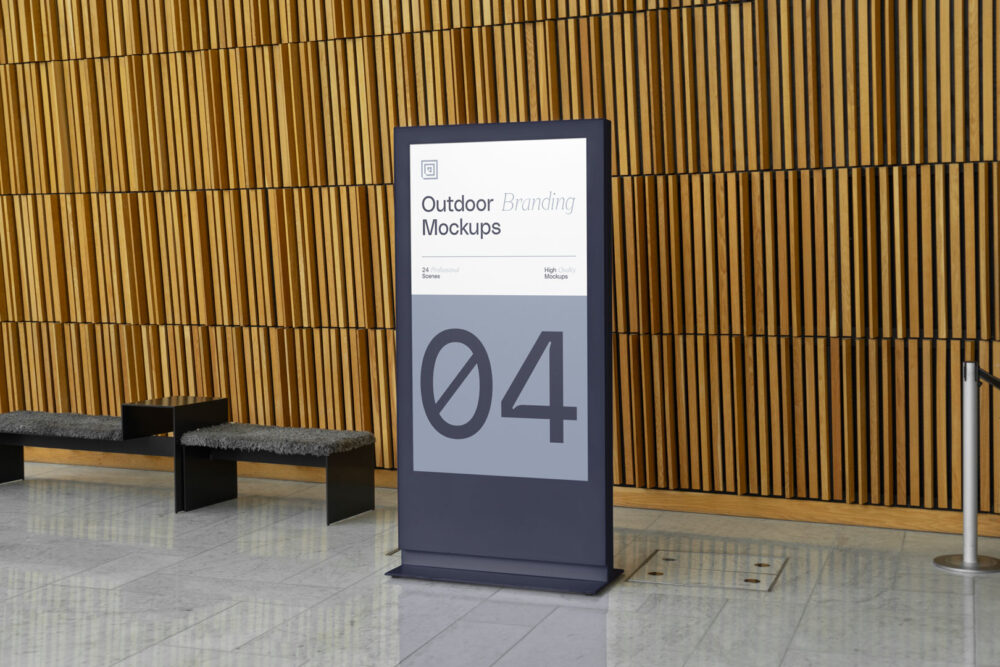 Plastic stand project in front of wooden wall made with outdoor branding mockups.
