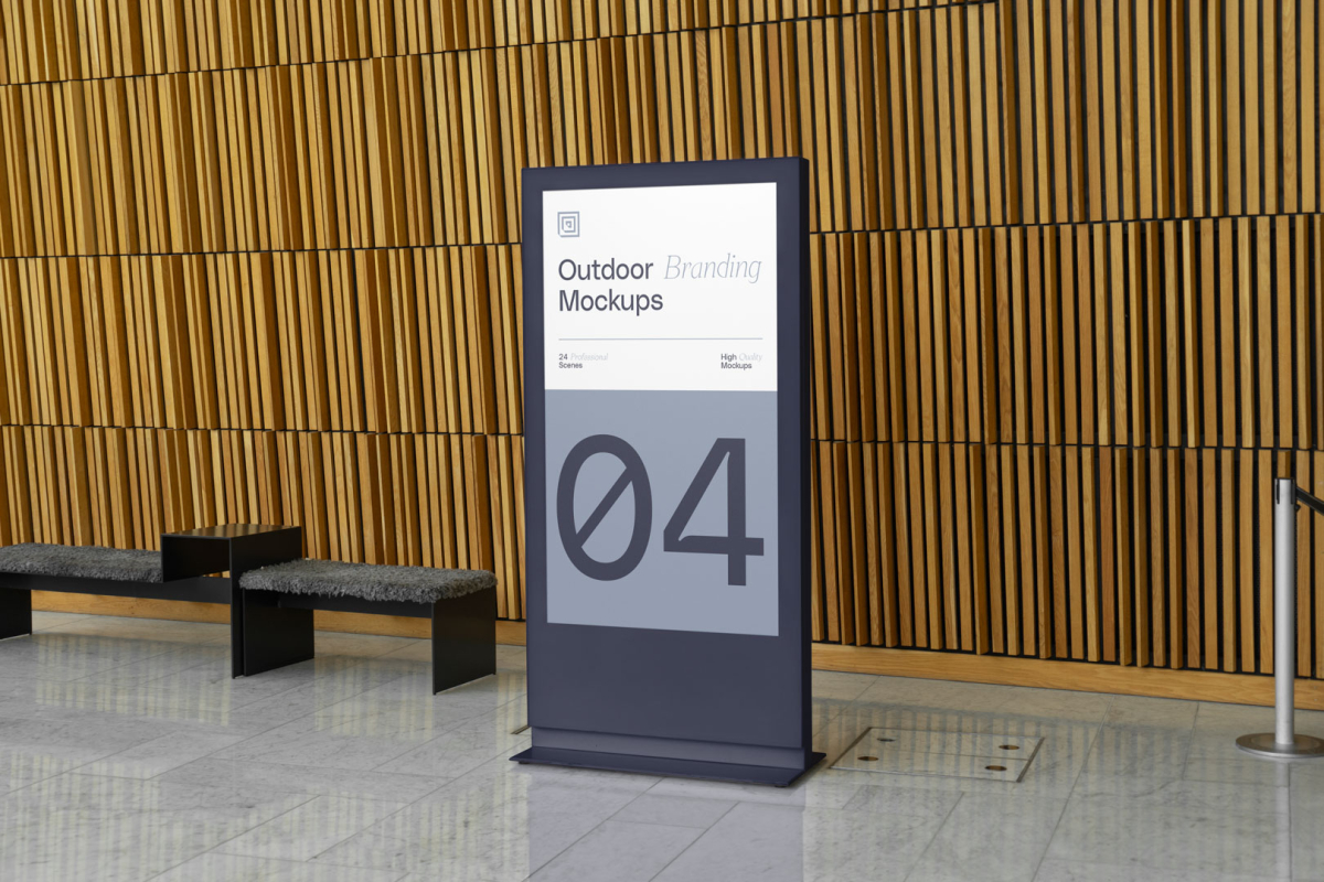 Plastic stand project in front of wooden wall made with outdoor branding mockups.