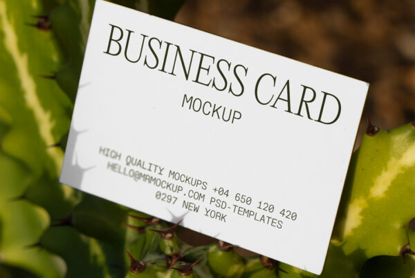 Free Business Card Mockup among cactus against garden background.