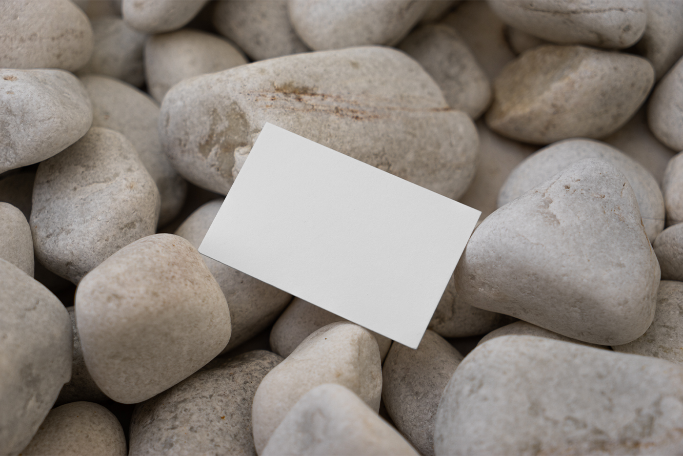 Free White Business Card Mockup among stones background.