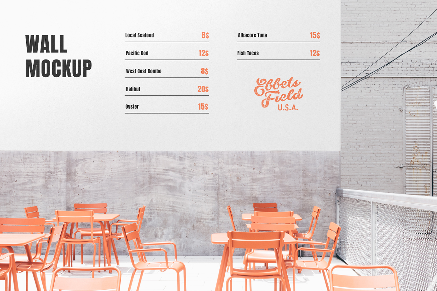 Free Restaurant Wall Mockup seen from front with metal chairs in restaurant garden.