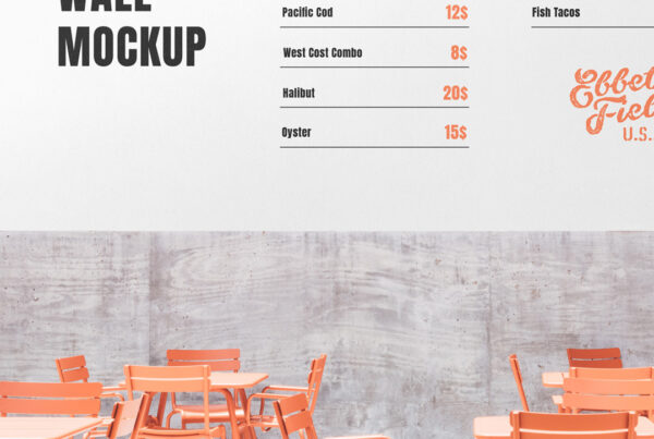 Free Restaurant Wall Mockup seen from front with metal chairs in restaurant garden.