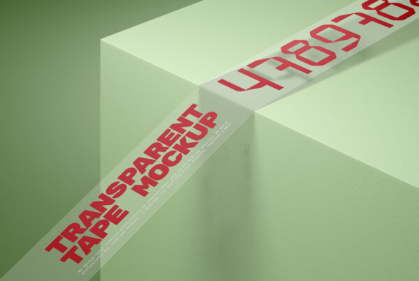 Free Transparent Tape Mockup stretched across the entire cubicle against the background of a green wall.