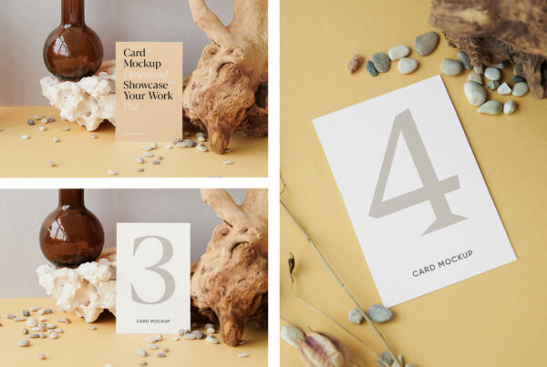 Paper Cards in different looks standing or laying between rocks and roots.