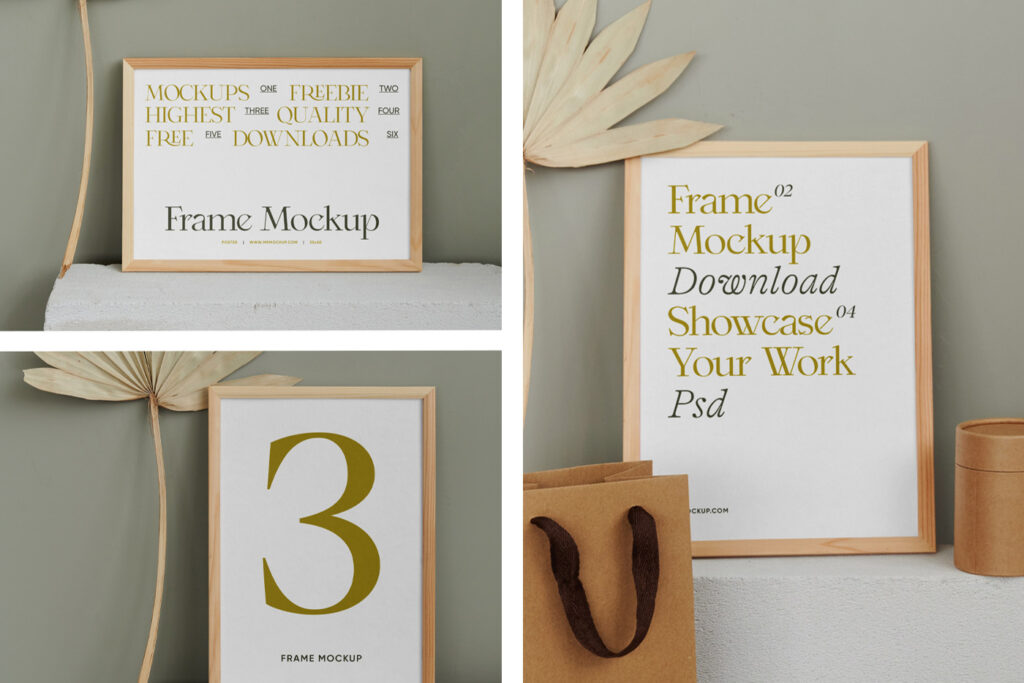 Free Frame Mockup in different looks seen from front standing on the gray brick.