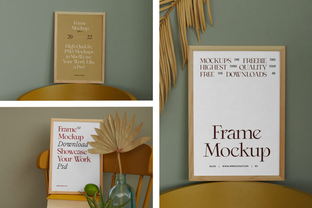 Rectangle Wood Frame on Chair Mockup Standing on the wooden chair on the book's against rotten green color wall.