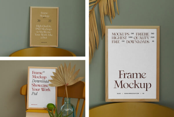 Rectangle Wood Frame on Chair Mockup Standing on the wooden chair on the book's against rotten green color wall.