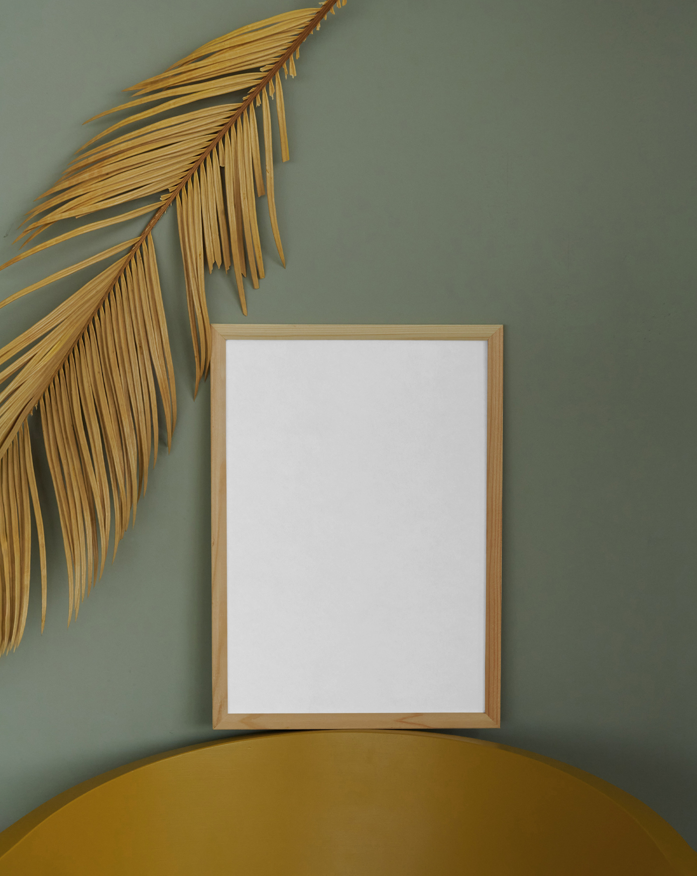 Rectangle Wood Frame on Chair Mockup Standing on the wooden chair on the book's against rotten green color wall.