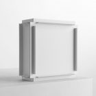 White Box Branding Mockup standing on the white cubic on a white background and is seen from the front.
