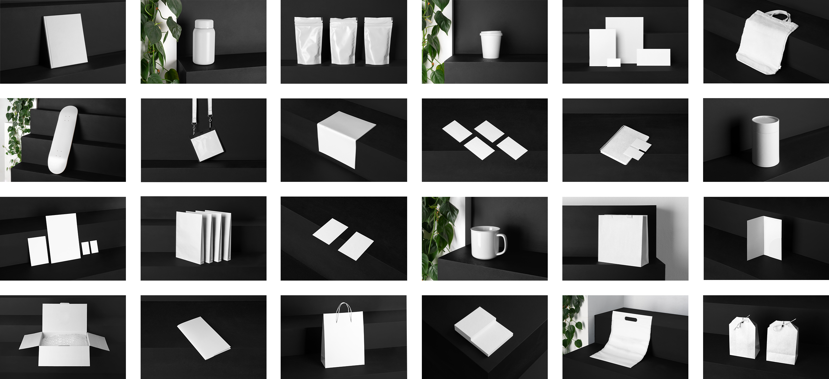 Compilation of Twenty-four scenes Branding Mockups Kit which one are showing what is inside the new mr.mockup product.