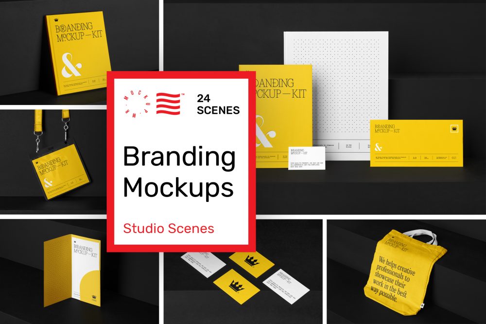 Branding Mockups Kit Thumbnail composition with different scenes presenting mr.mockup new product.