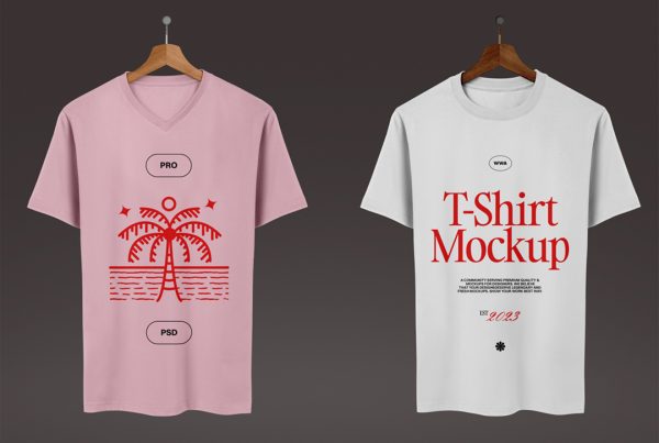 Free Double T-Shirt's Mockup hung on hangers and seen from the front on the dark background.