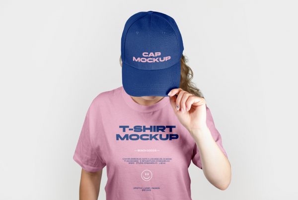 Woman seen from the front wearing Free Snapback Hat Mockup against on the gray wall background.