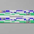 Seen from the above composition of five flat Pencils Branding Mockups laying on the gray floor in the studio.