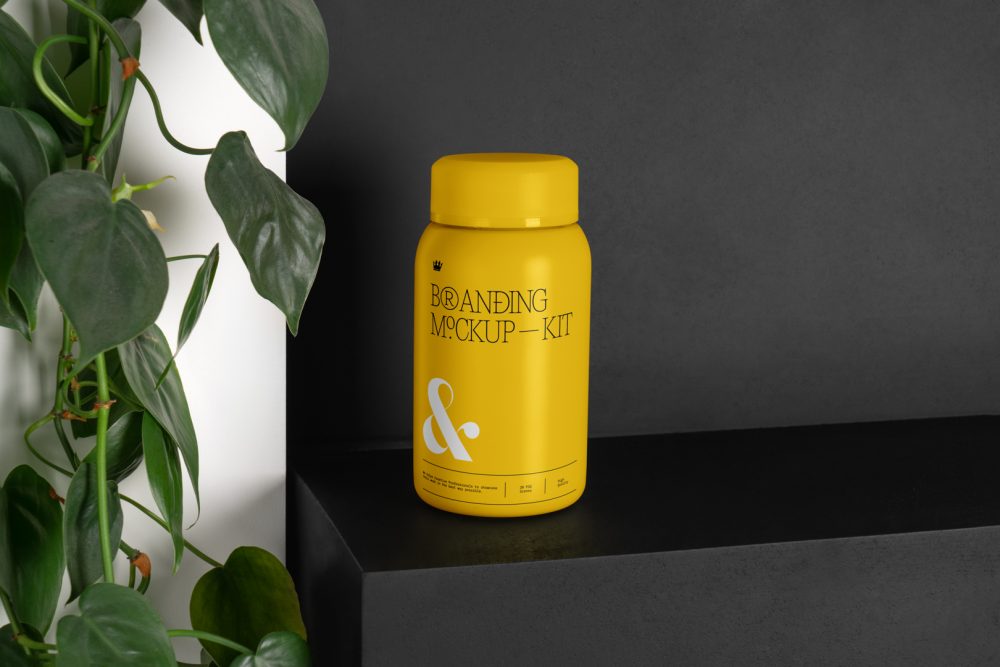 Flask Bottle Branding Mockups Kit with yellow design seen from the front is standing on the black wooden stairs.