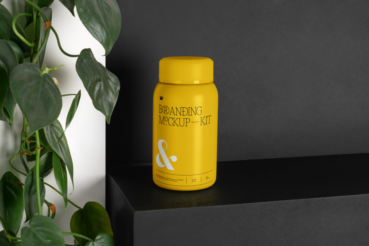 Flask Bottle Branding Mockups Kit with yellow design seen from the front is standing on the black wooden stairs.