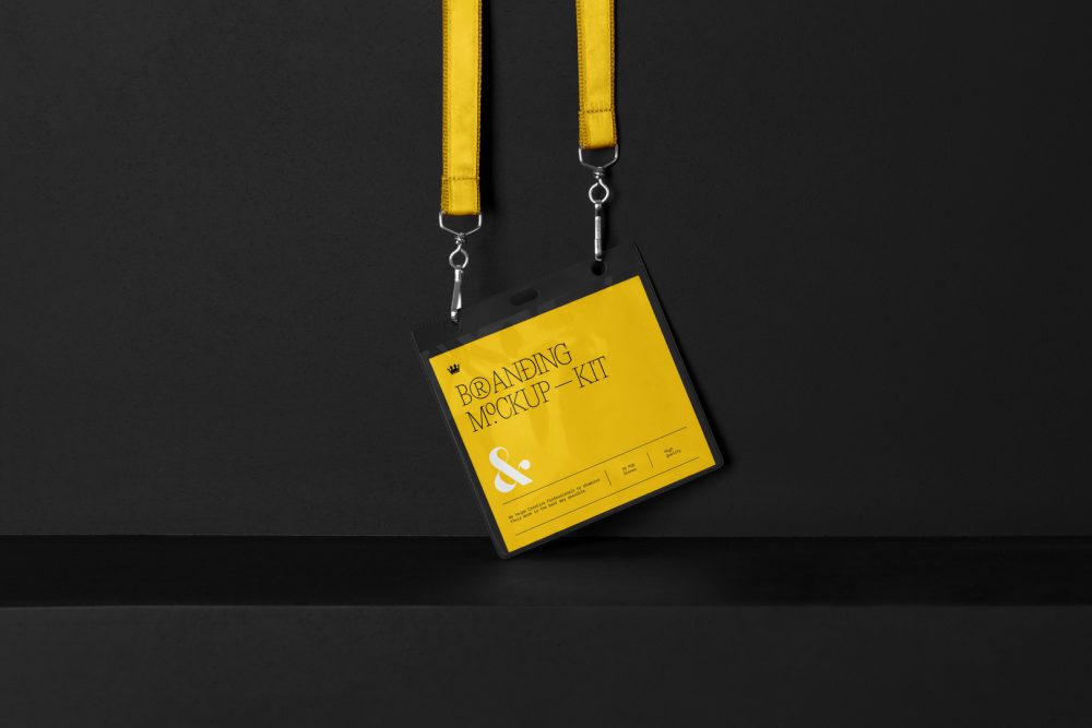 ID Lanyard Branding Mockups Kit with yellow design seen from front and located on the black wooden stairs.