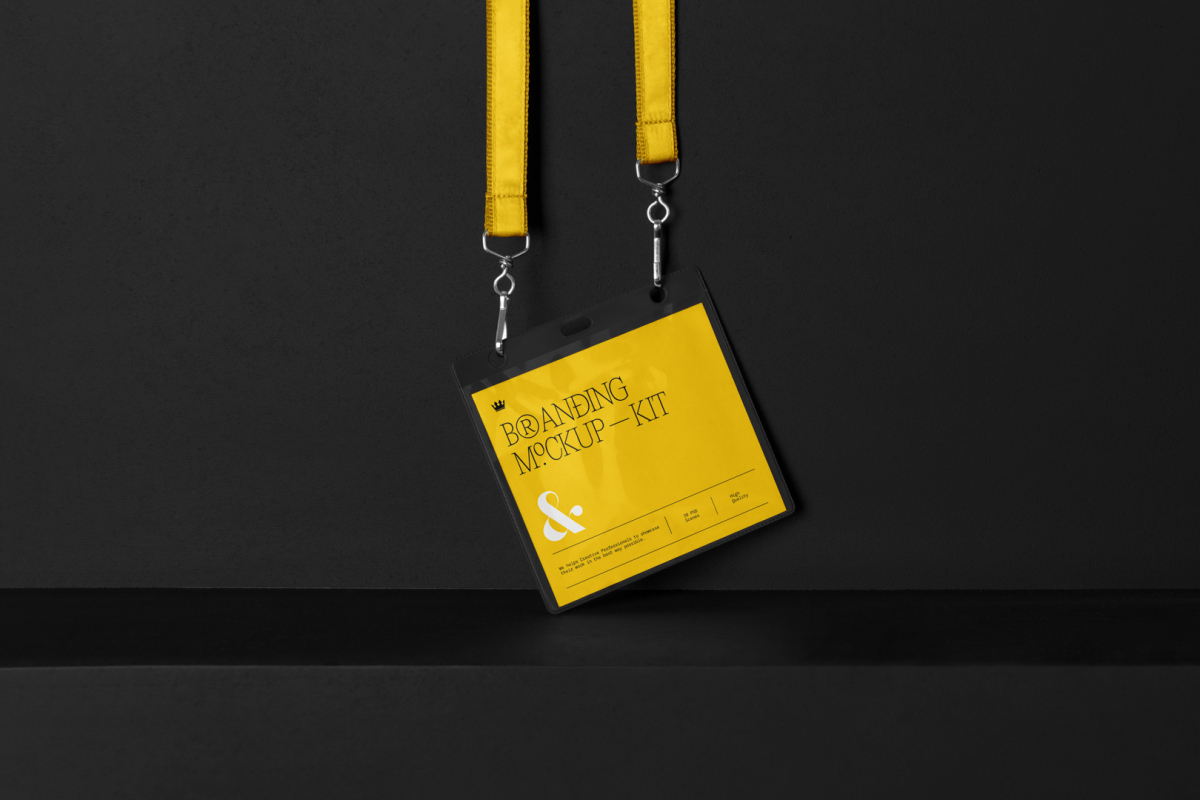 ID Lanyard Branding Mockups Kit with yellow design seen from front and located on the black wooden stairs.