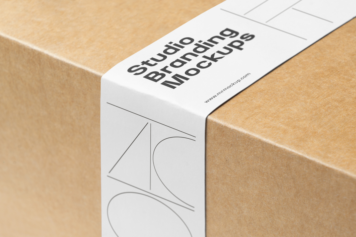 Big zoom on craft color Box Branding Mockup to white label with deep black typography.