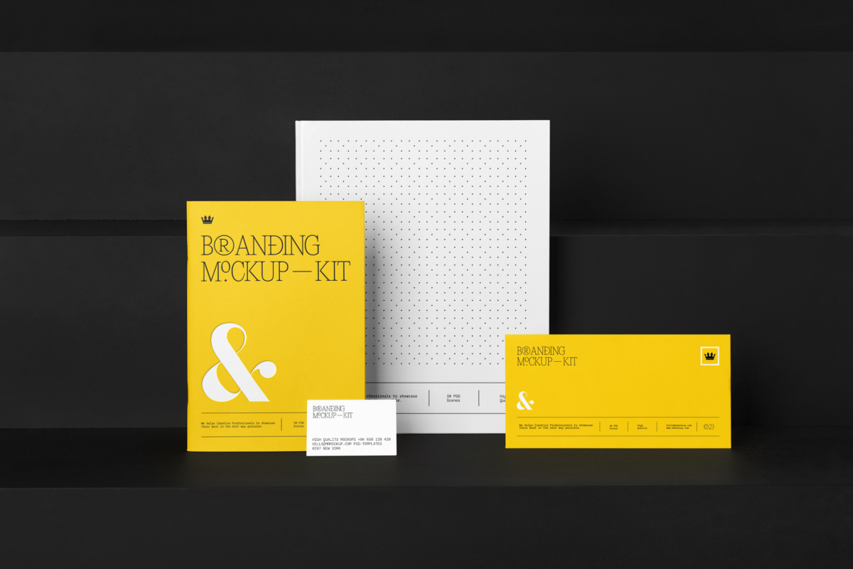 Stationery Set like Card, Business Cards, Envelope, Branding Mockups Kit with yellow design seen from front and located on the black wooden stairs are arranged in nice composition.