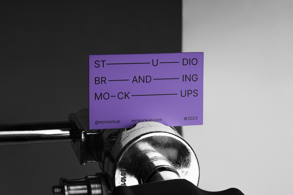 Business Card Branding Mockups attached to a tripod seen from the front.