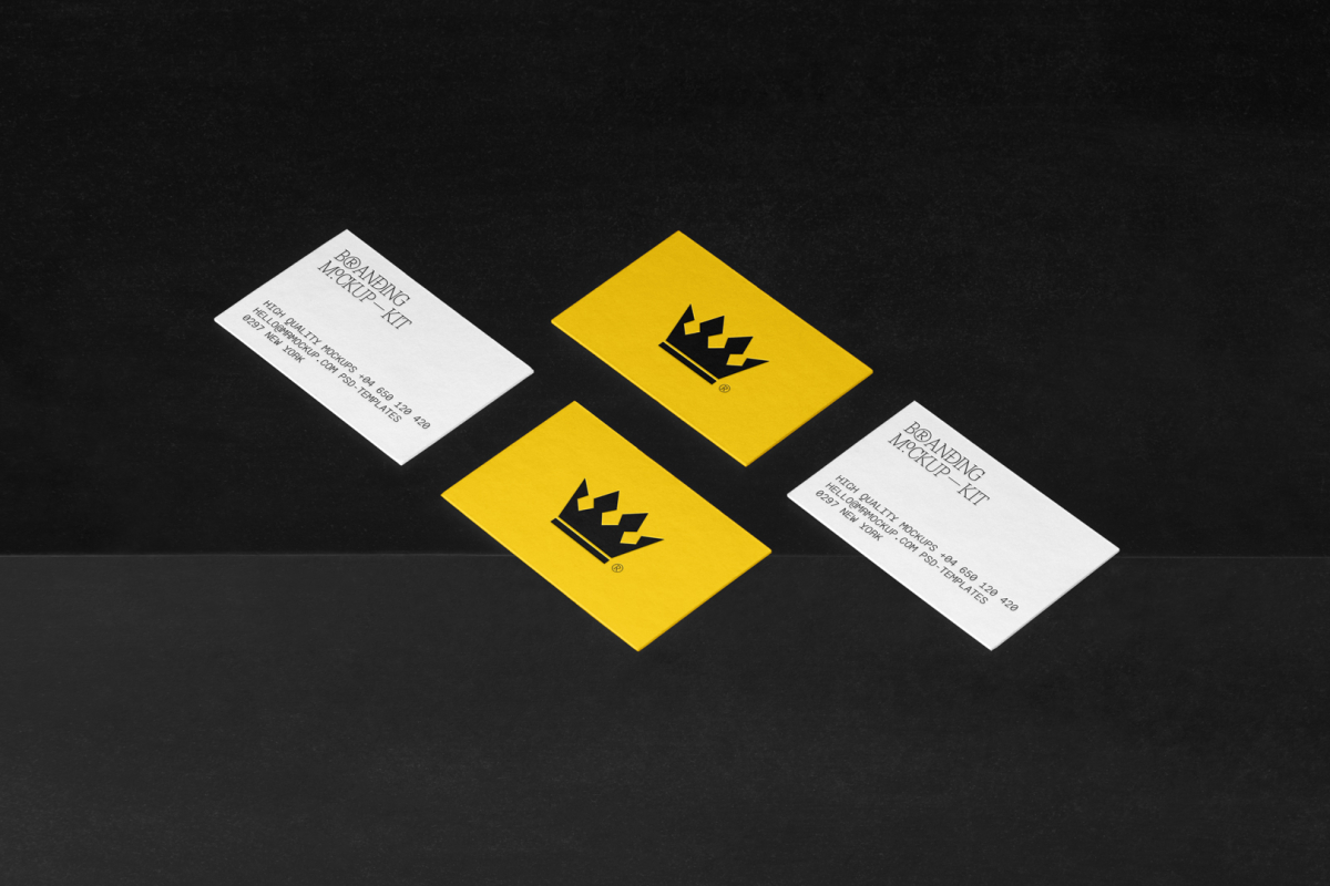 Business Cards Set Branding Mockups Kit with yellow design seen from above and located on the black wooden stairs.