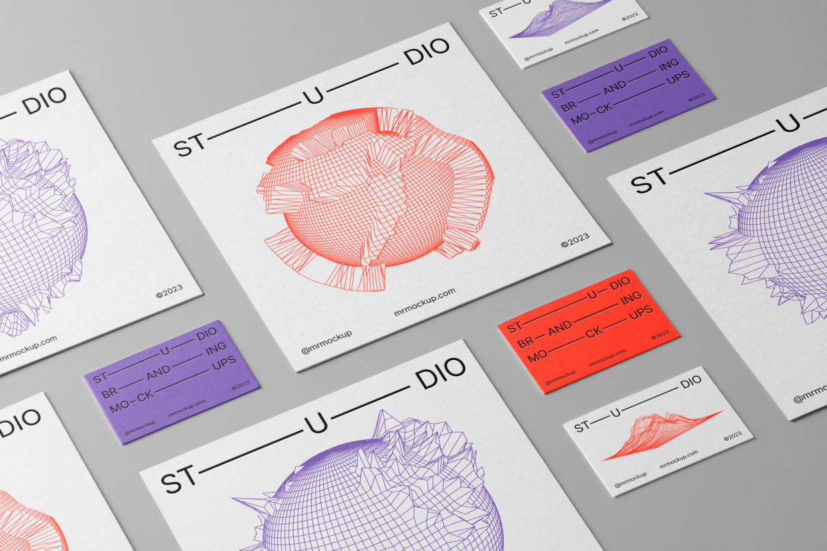 A set of Branding Mockups like Business Cards and Square Cards presented in an interesting composition with colorful design laying on the gray floor and seen from the above.