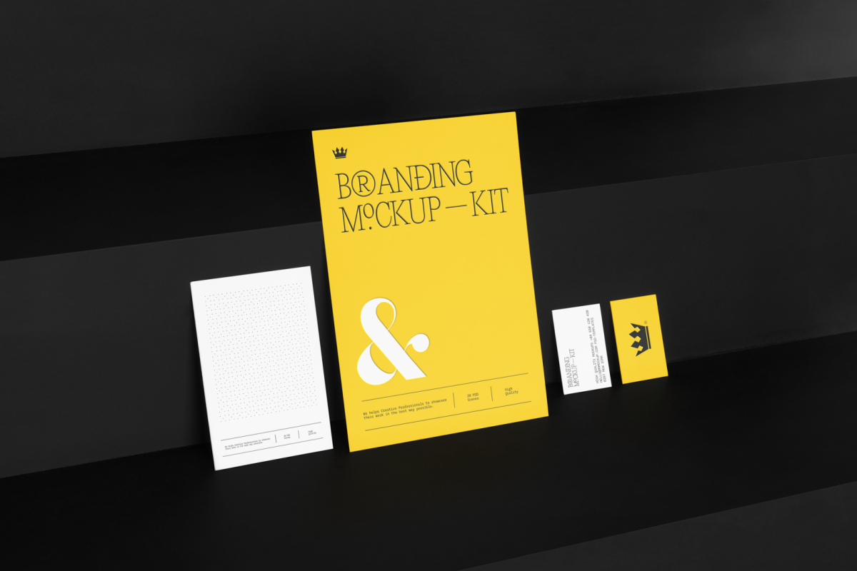 Stationery Set like Card, Business Cards Branding Mockups Kit with yellow design seen from above and located on the black wooden stairs in nice composition.