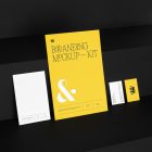 Stationery Set like Card, Business Cards Branding Mockups Kit with yellow design seen from above and located on the black wooden stairs in nice composition.