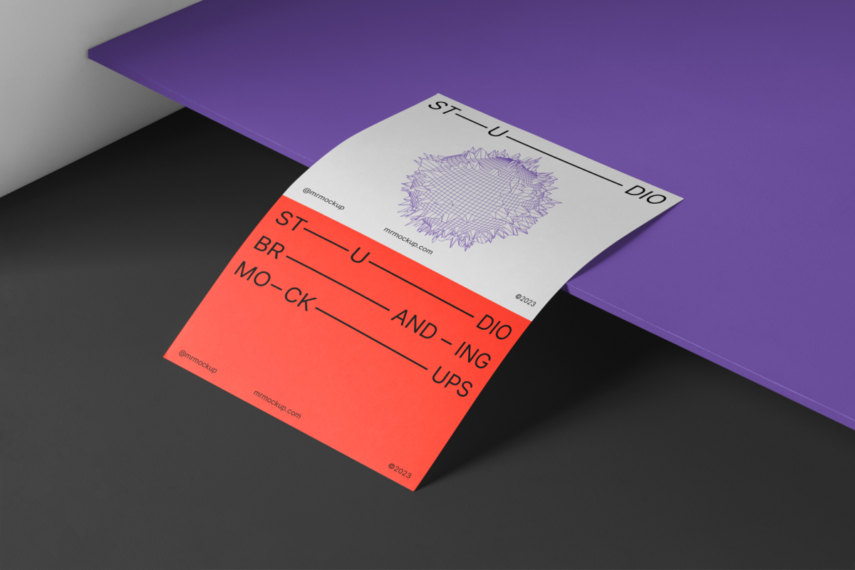 Company Paper Branding Mockup laying on the purple box and dangles above a black background.