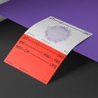 Company Paper Branding Mockup laying on the purple box and dangles above a black background.