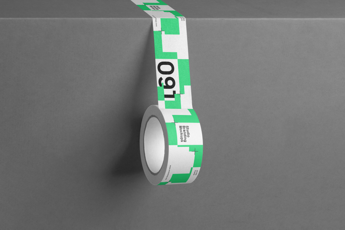 Seen from front unrolled adhesive Tape Branding Mockup with a modern green design attached to a dark color box.