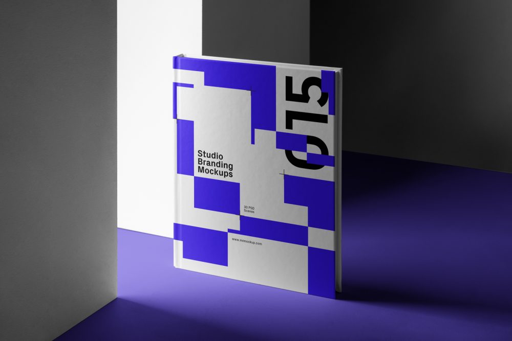 Seen from the front, Hardcover Book Branding Mockup standing on a purple floor between white walls.