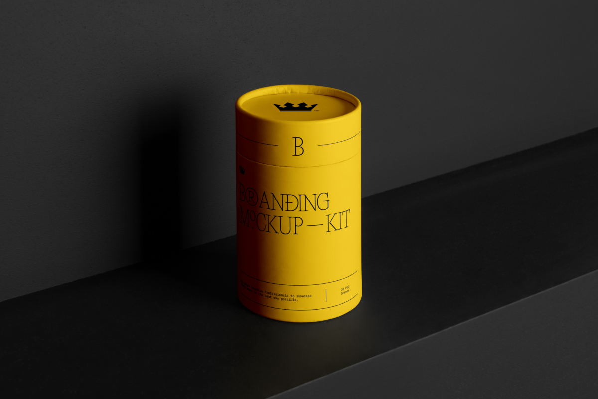 Tube Branding Mockups Kit with yellow design seen from front and located on the black wooden stairs.