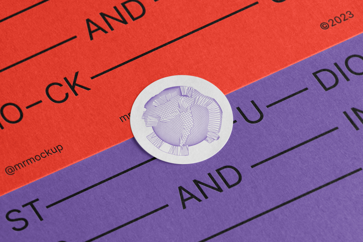 Sticker Branding Mockup glued to business cards, seen from above.