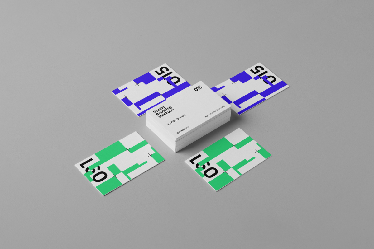 Seen from the above, Business Cards Mockup composition arranged around each other laying on the gray floor.