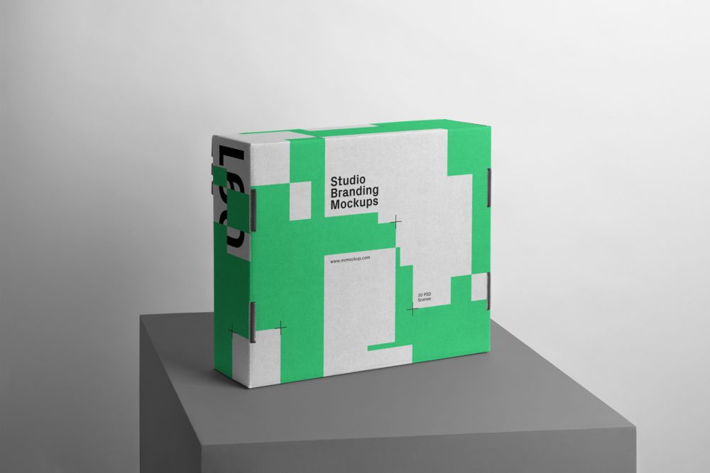 Box Branding Mockup with green design scene seen from front standing on gray cubic.