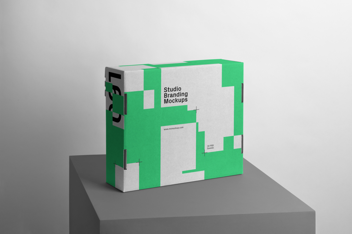 Box Branding Mockup with green design scene seen from front standing on gray cubic.