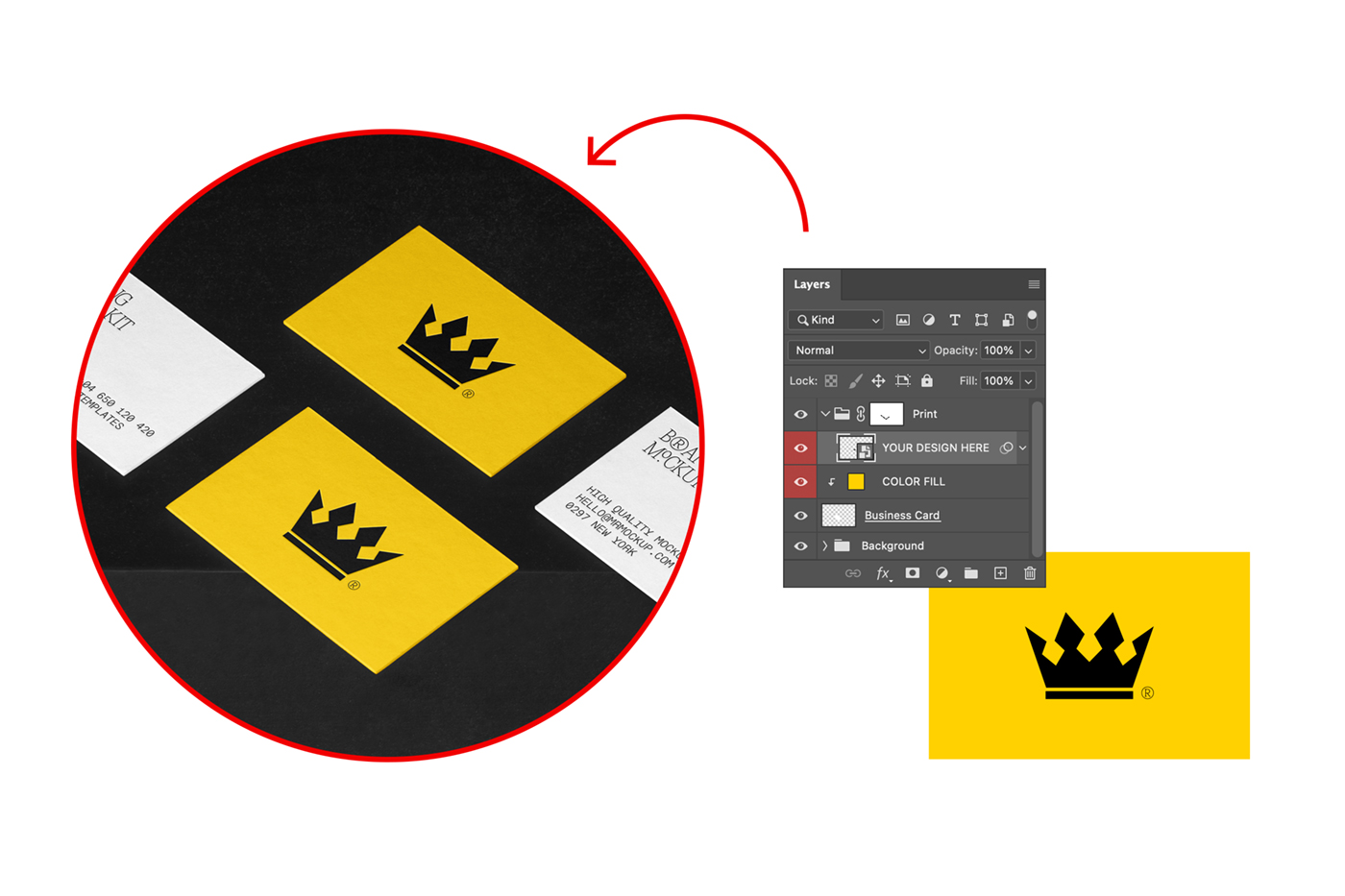 Feature from Branding Mockups Kit presenting how easy is using mr.mockups files.